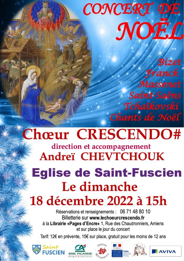 Affiche. Eglise de Saint Fuscien. Concert de Noël. par le Choeur Crescendo Dièse, la chorale d|Amiens. 2022-12-18